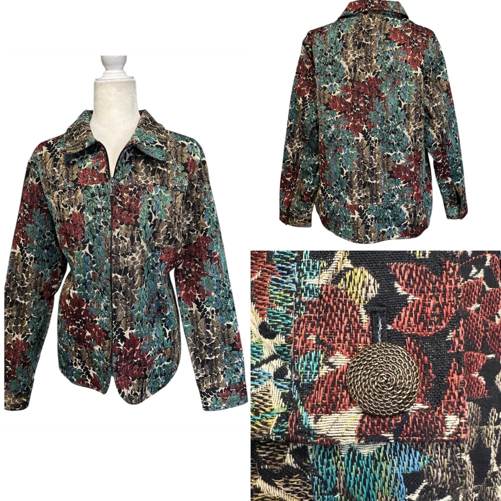 Womens Plus Sz 1X Floral Boho Tapestry Baroque Brocade Zip Front‎ Jacket Woven